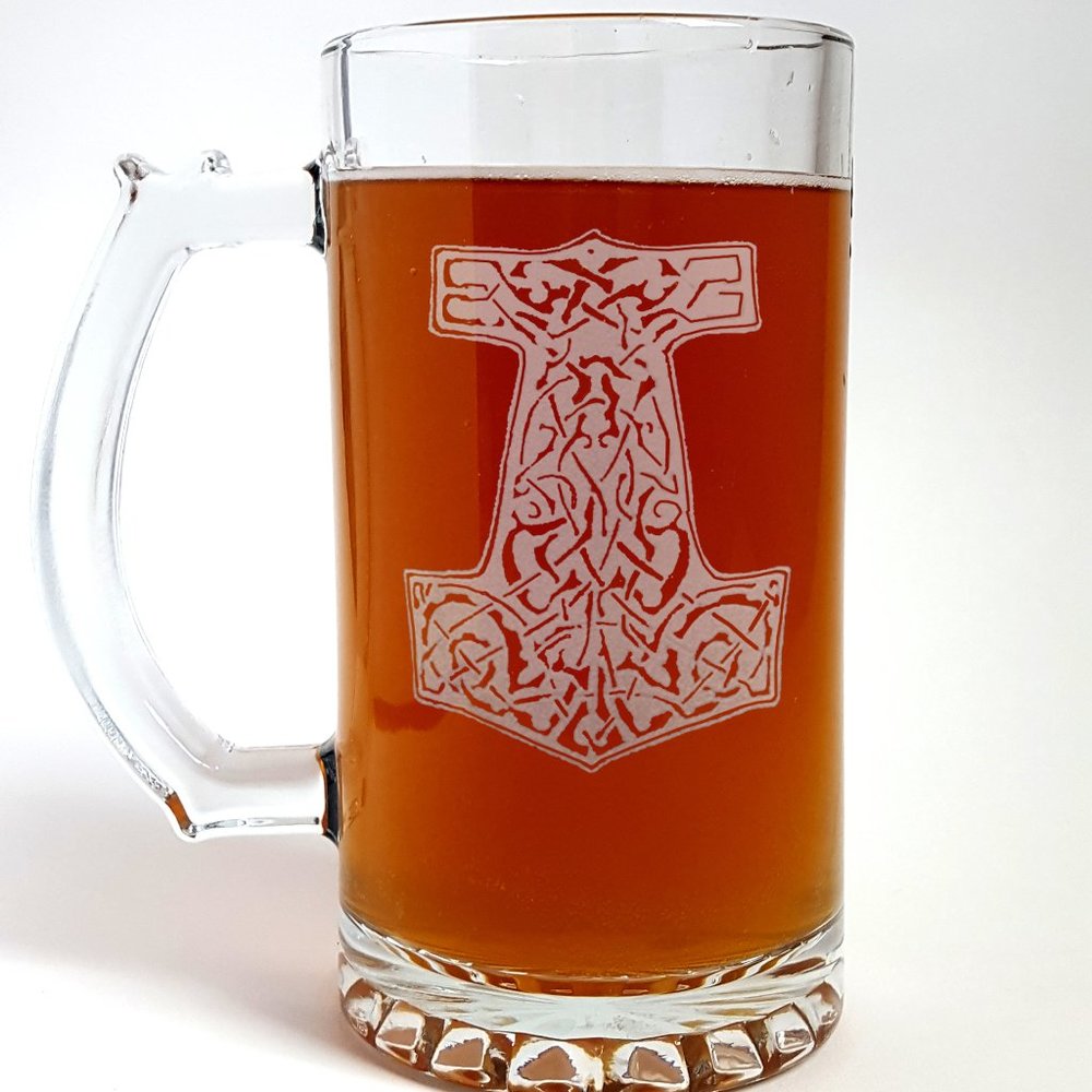 Thor's Hammer 16oz Engraved Glass Beer Stein